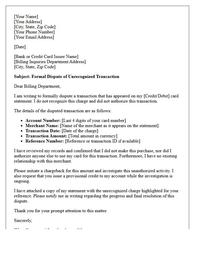 Letter of Chargeback Initiation for Unrecognized Account Charge