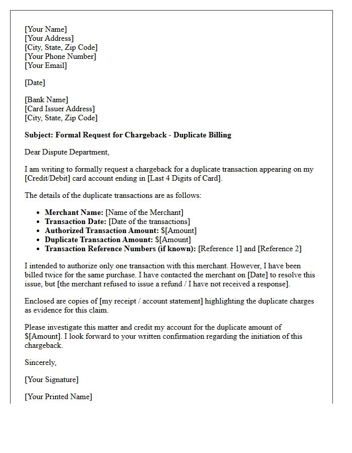 Letter of Request for Duplicate Billing Chargeback Initiation