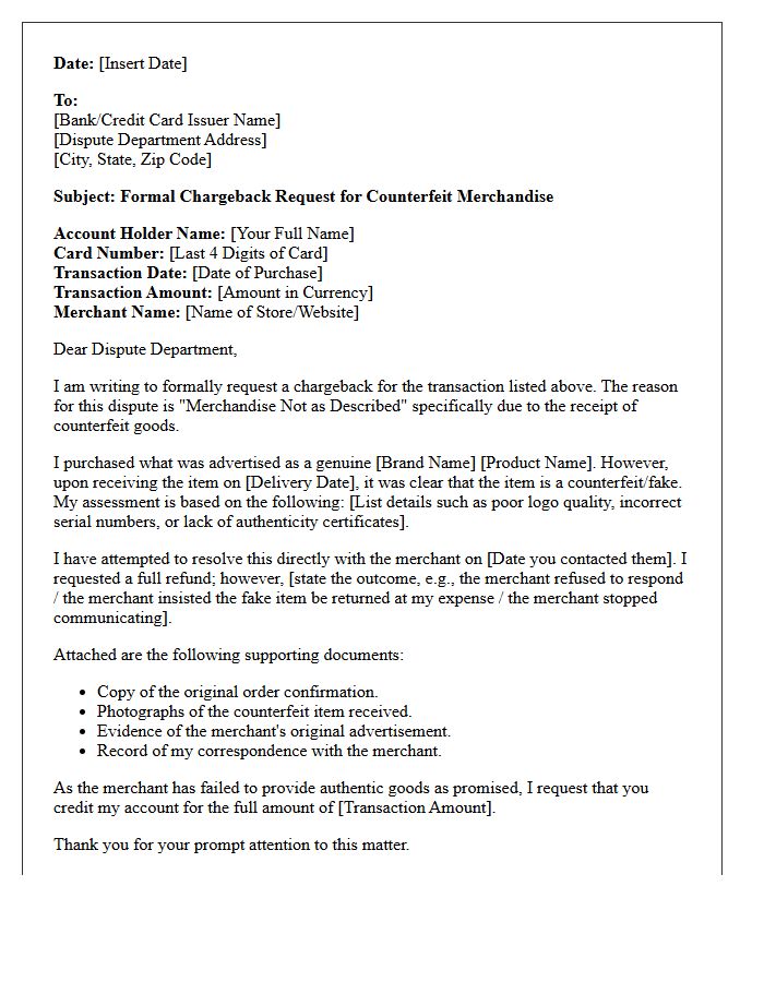 Letter Requesting Chargeback Initiation for Counterfeit Items