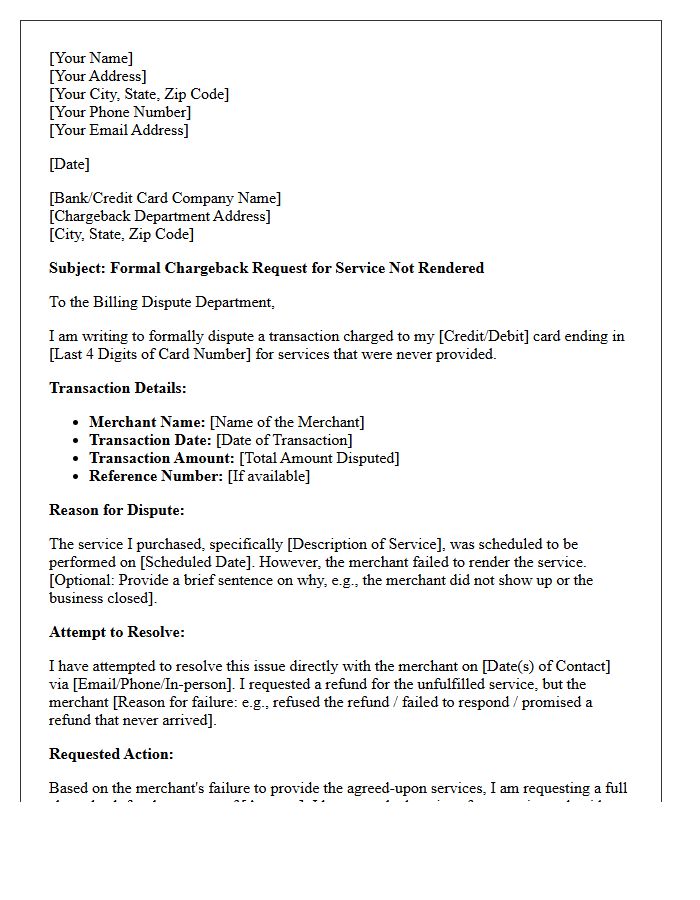 Service Not Rendered Chargeback Initiation Request Letter