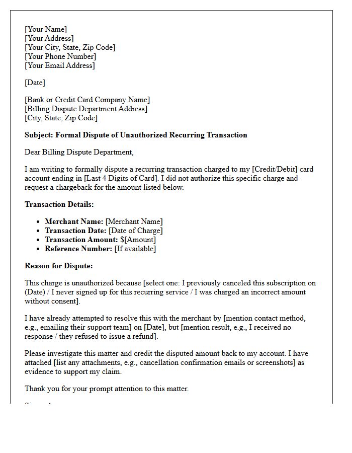 Unauthorized Recurring Payment Chargeback Initiation Letter