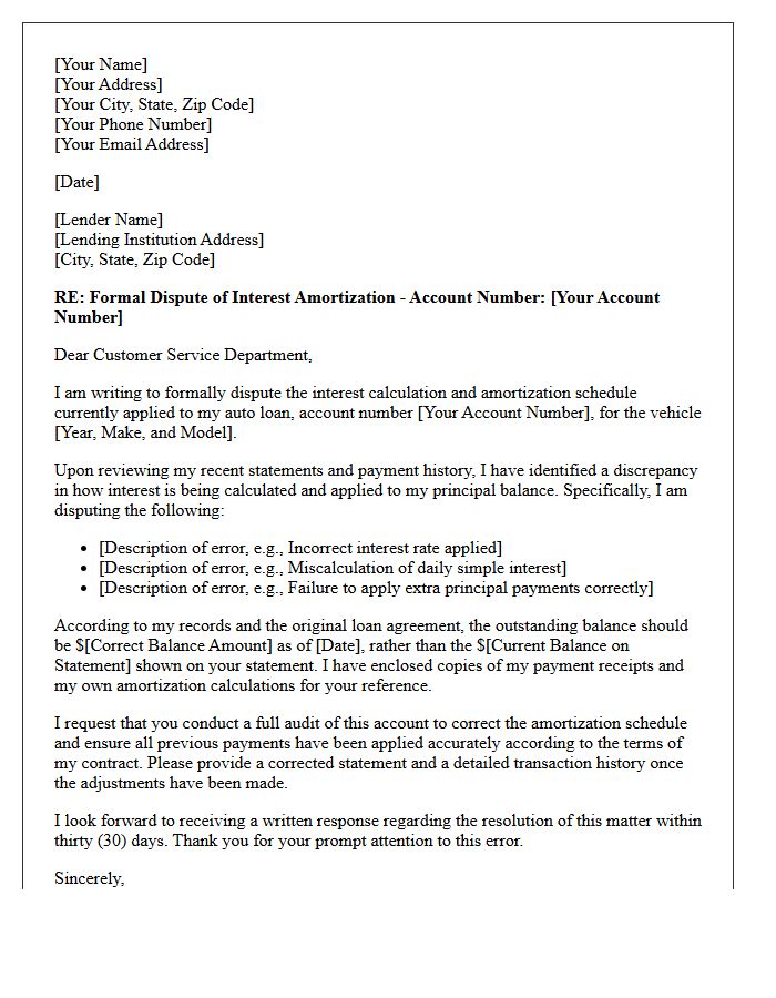 Auto Loan Interest Amortization Error Dispute Letter