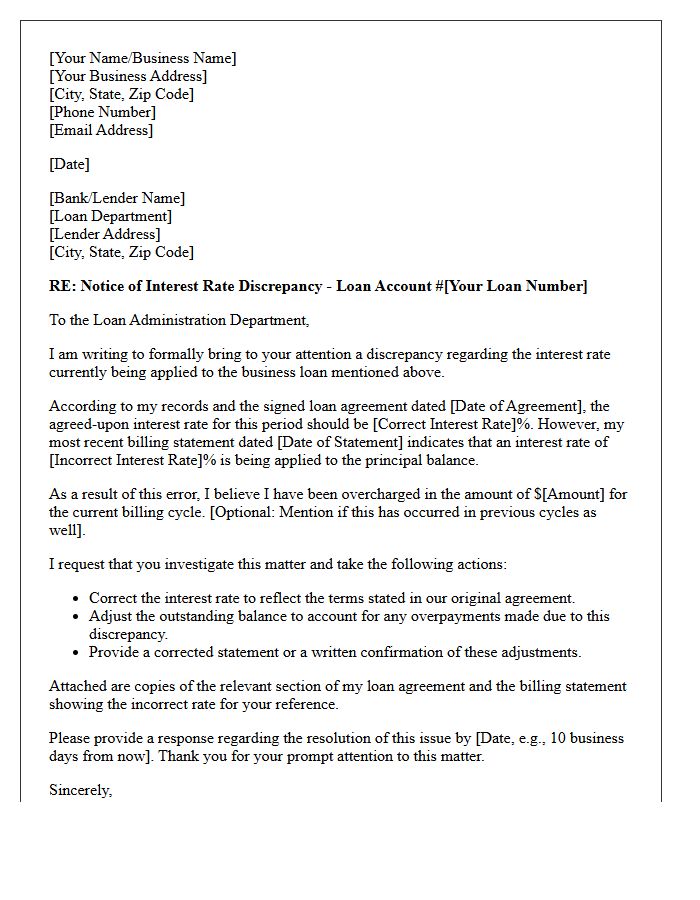 Business Loan Interest Rate Discrepancy Letter