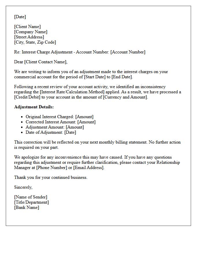 Commercial Banking Interest Charge Adjustment Letter