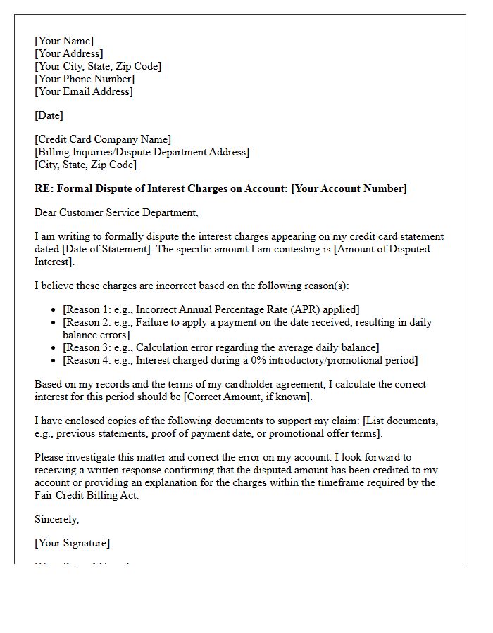 Formal Dispute Letter Regarding Credit Card Interest Calculation