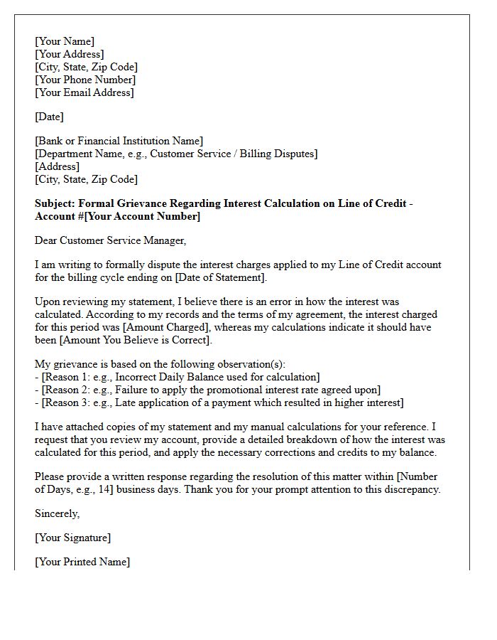 Line of Credit Interest Calculation Grievance Letter