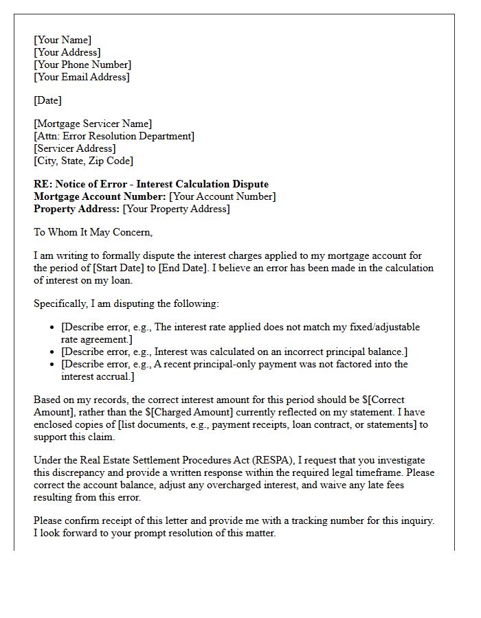 Mortgage Account Miscalculated Interest Dispute Letter
