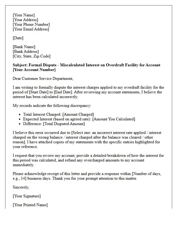 Overdraft Facility Miscalculated Interest Dispute Letter