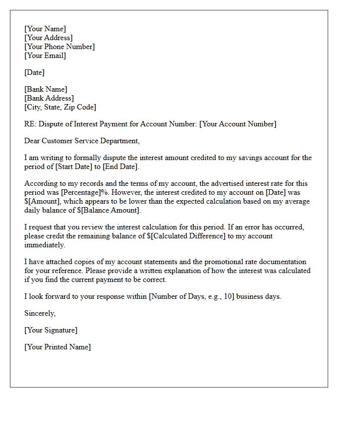 Savings Account Underpaid Interest Dispute Letter