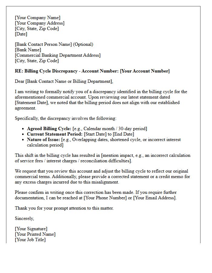 Commercial Banking Billing Cycle Discrepancy Letter