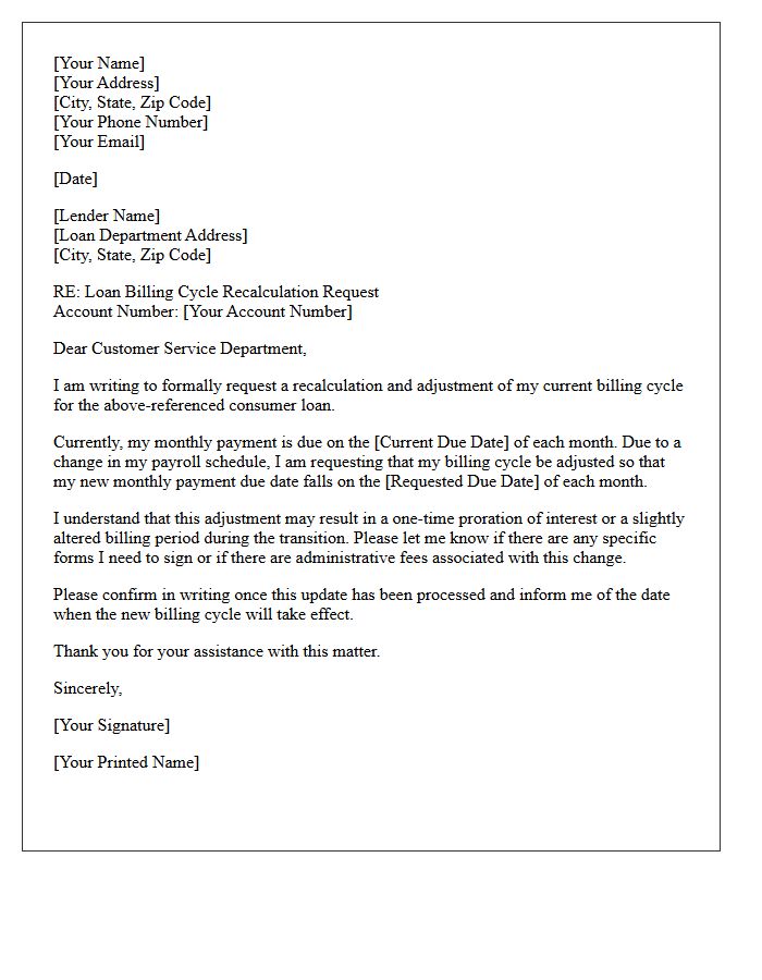 Consumer Loan Billing Cycle Recalculation Letter