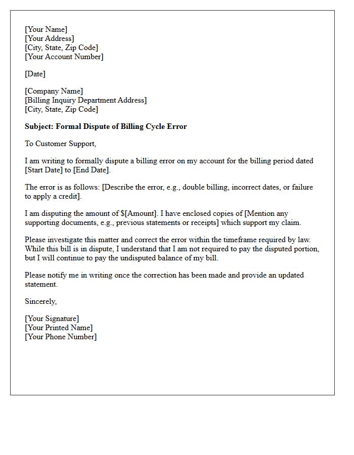 Dispute Resolution Notice for Billing Cycle Error Letter