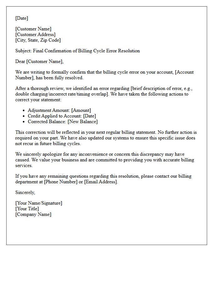 Final Confirmation of Billing Cycle Error Resolution Letter
