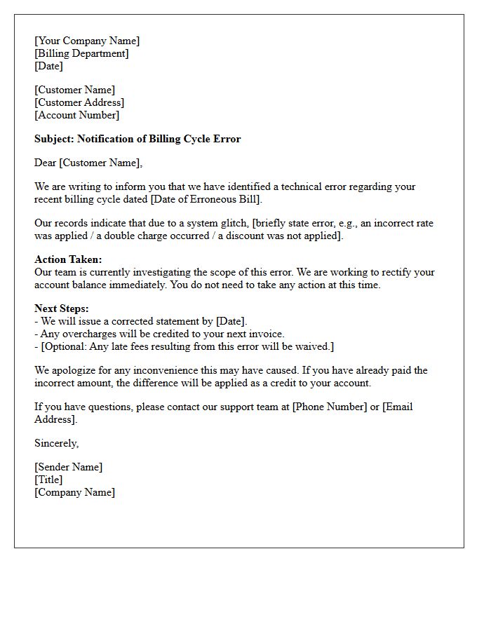 Initial Discovery of Billing Cycle Error Notification Letter