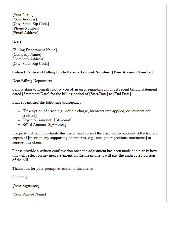 Notice of Billing Cycle Error Letter