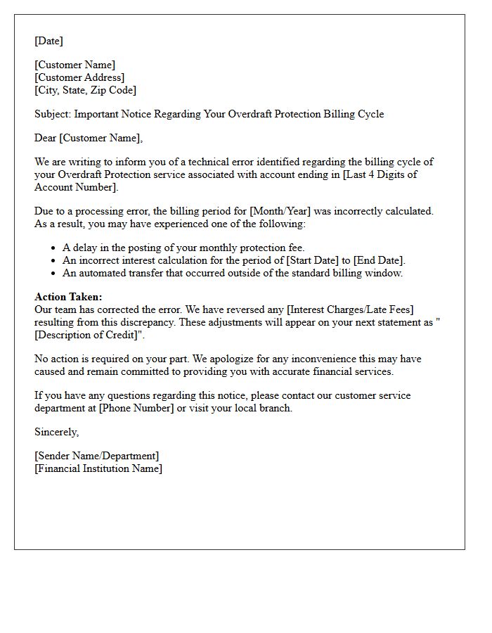 Overdraft Protection Billing Cycle Error Notification Letter