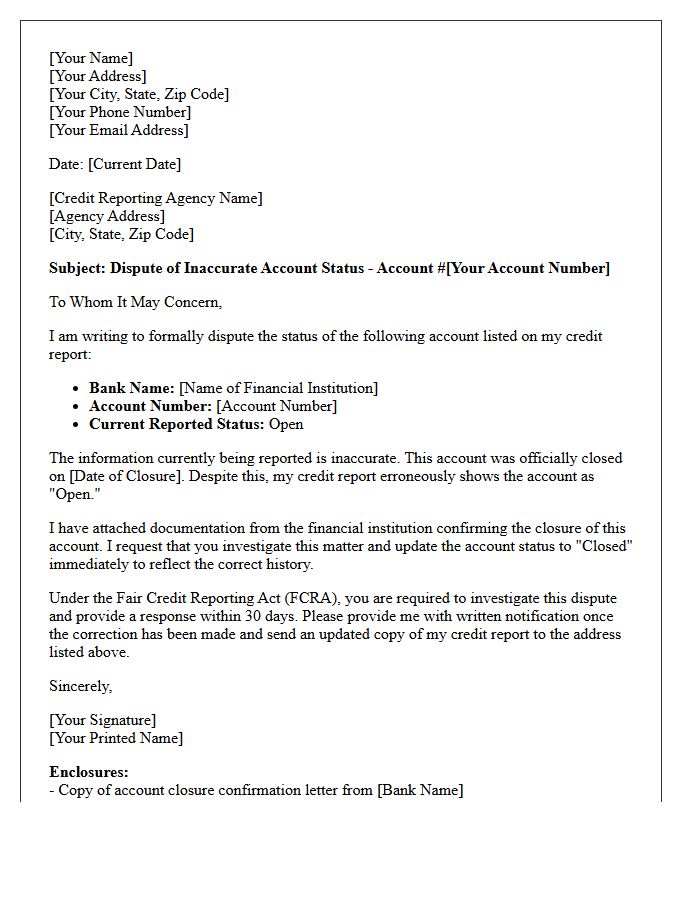 Letter Of Dispute Concerning Closed Bank Account Reported As Open