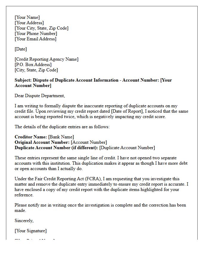 Letter Of Dispute Concerning Duplicate Bank Account Reporting