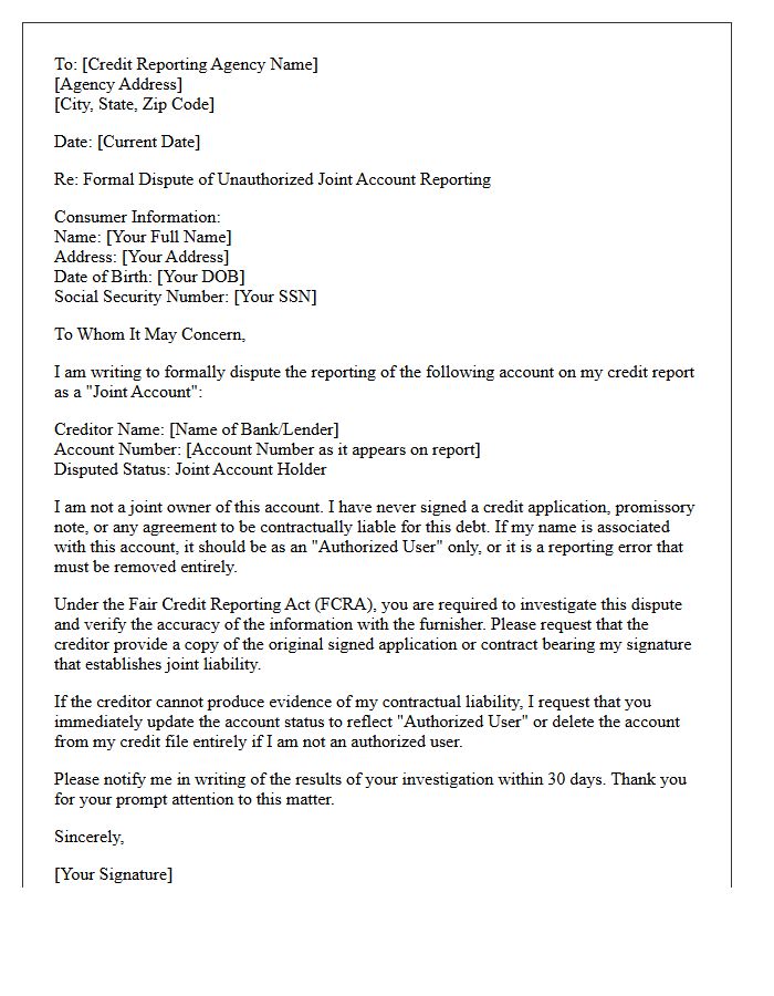 Letter Of Dispute Concerning Unauthorized Joint Account Status Reporting