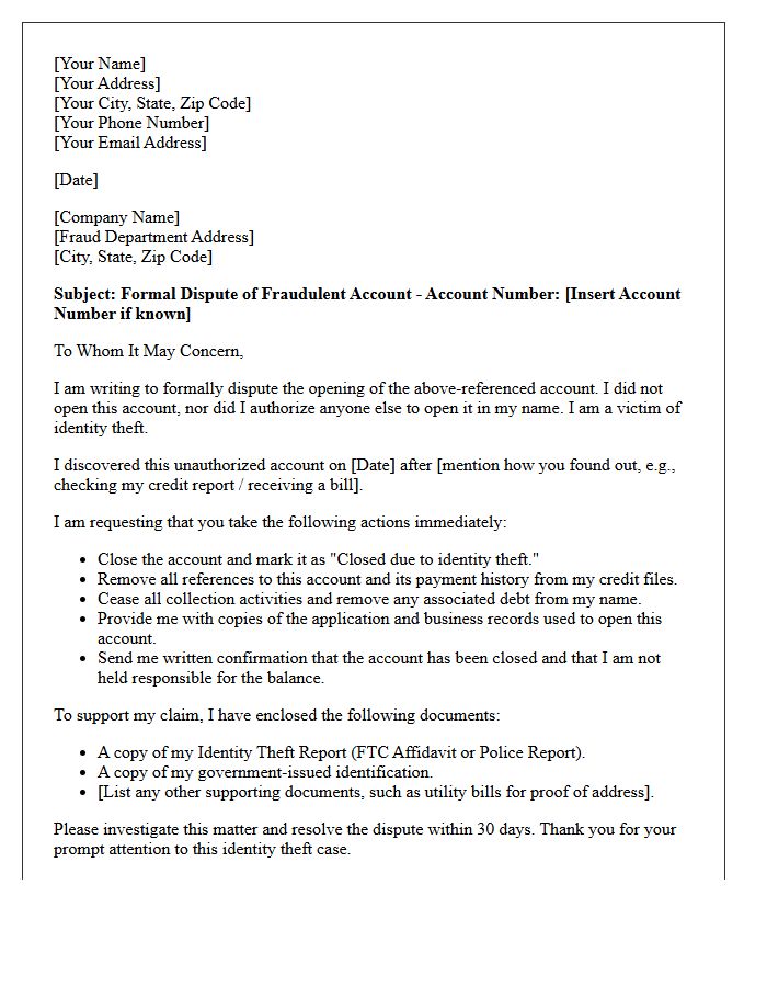 Letter Of Dispute Regarding Fraudulent Account Opened Due To Identity Theft