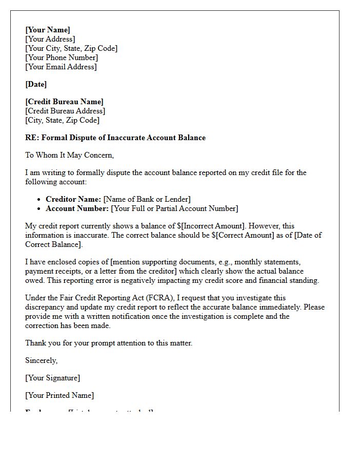 Letter Of Dispute Regarding Inaccurate Account Balance Reporting
