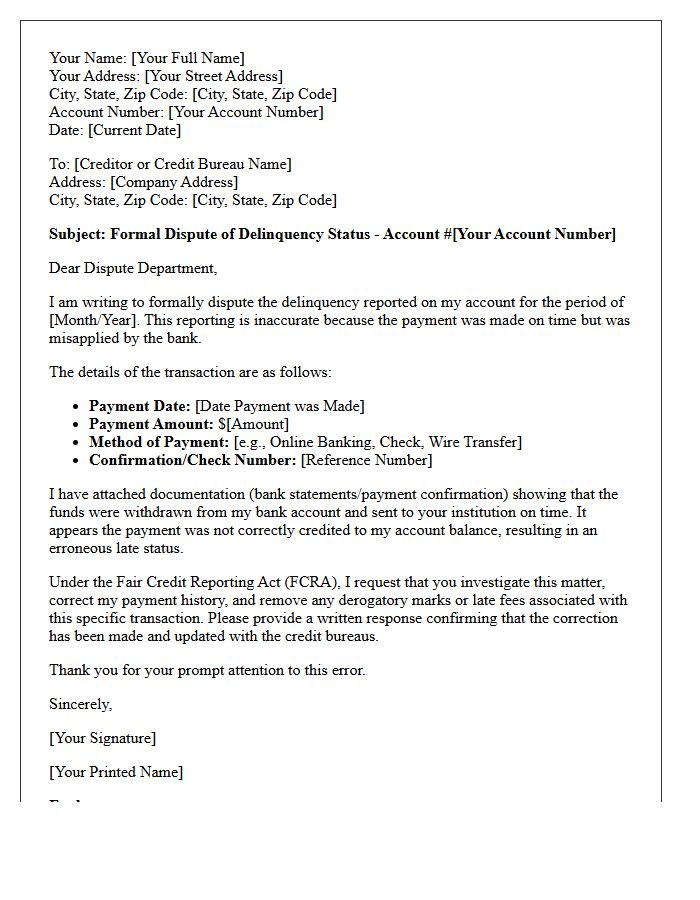 Letter To Dispute Delinquency Furnished Due To Misapplied Bank Payment