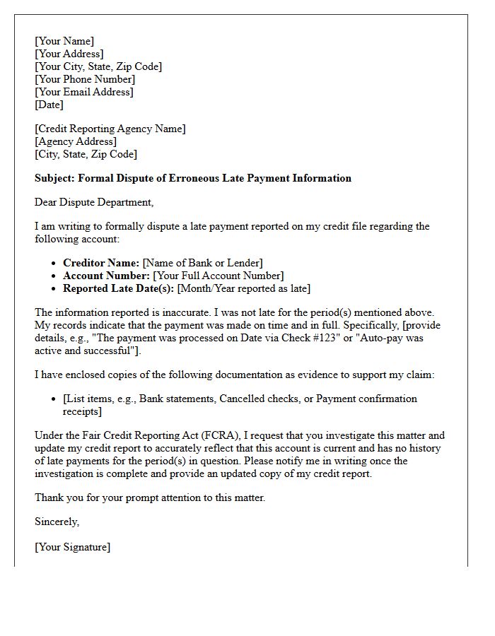Letter To Dispute Erroneous Late Payment History Furnished To Bureaus