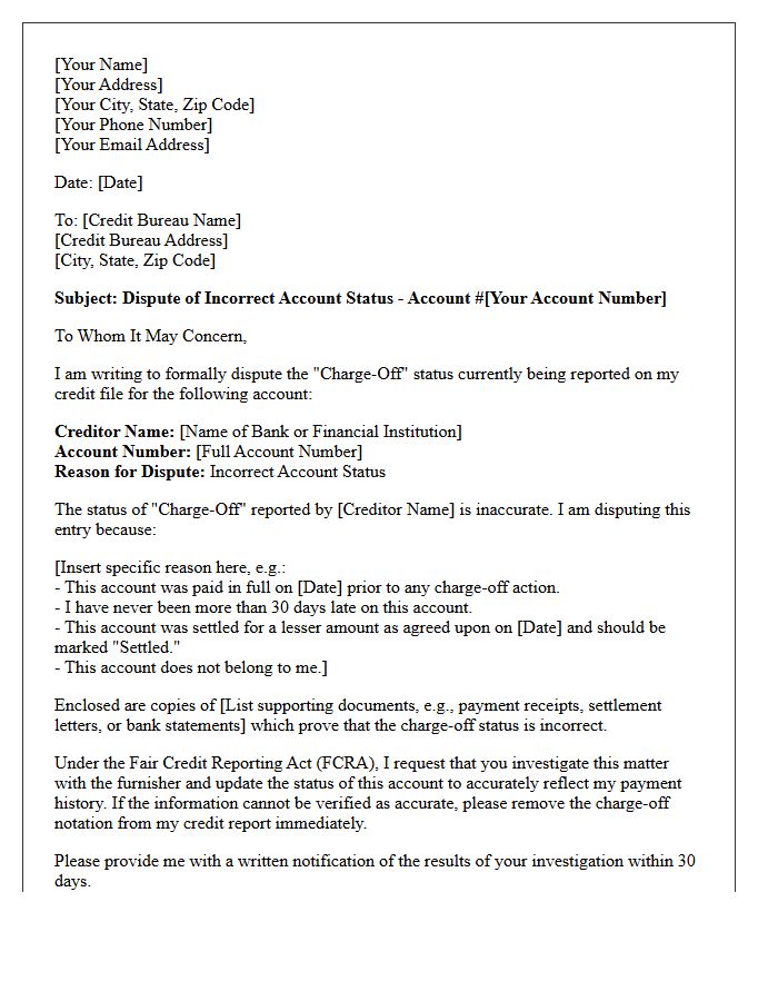 Letter To Dispute Incorrect Charge-Off Status Furnished To Credit Bureaus