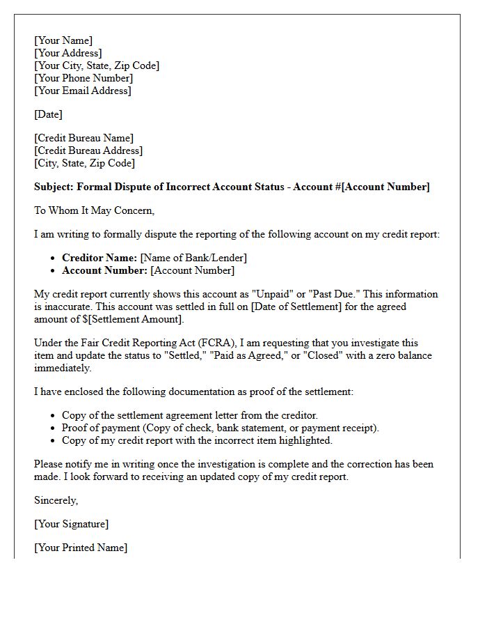 Letter To Dispute Settled Credit Account Displaying As Unpaid