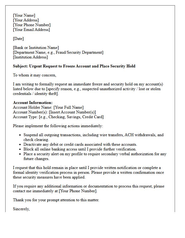 Account Freeze and Security Hold Request Letter