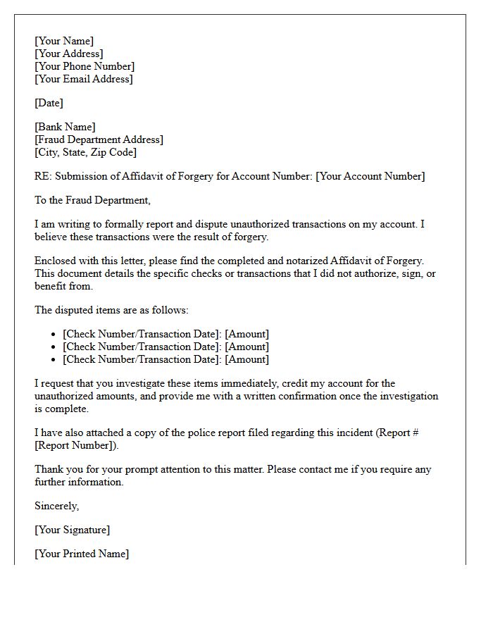 Affidavit of Forgery Submission Letter to Bank
