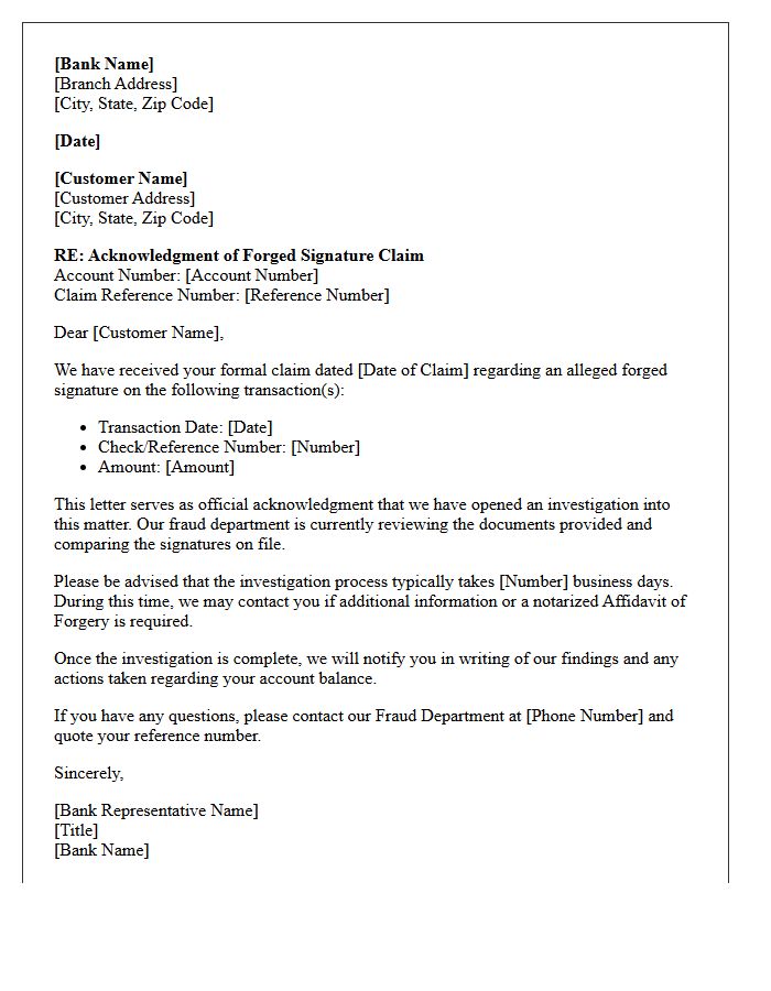 Bank Acknowledgment Letter for Forged Signature Claim