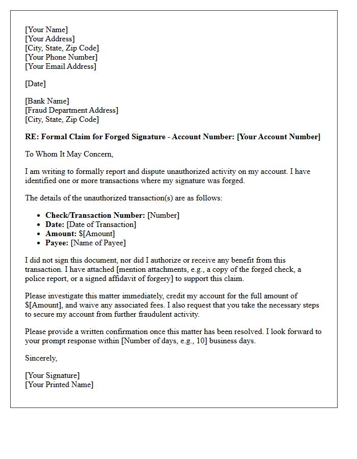 Bank Resolution Letter for Forged Signature Claim