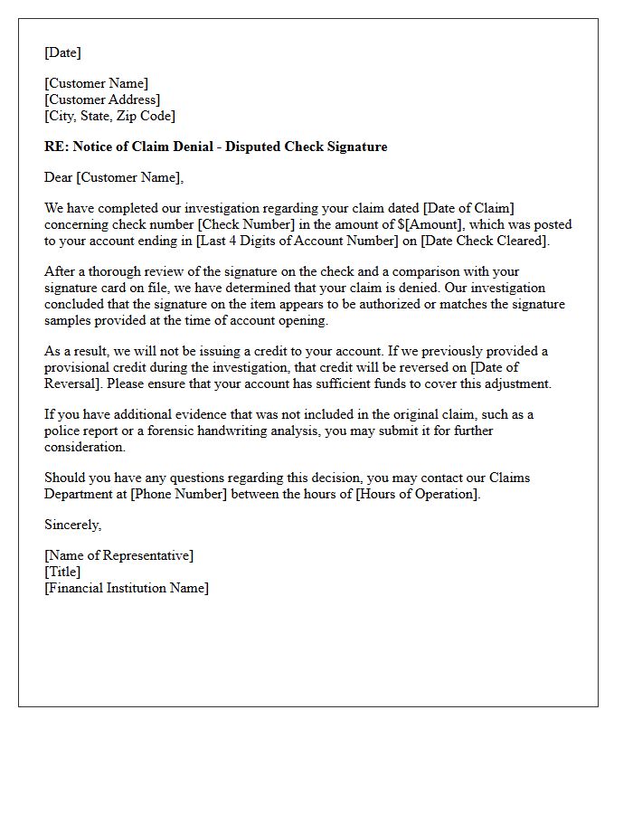 Claim Denial Letter for Disputed Check Signature