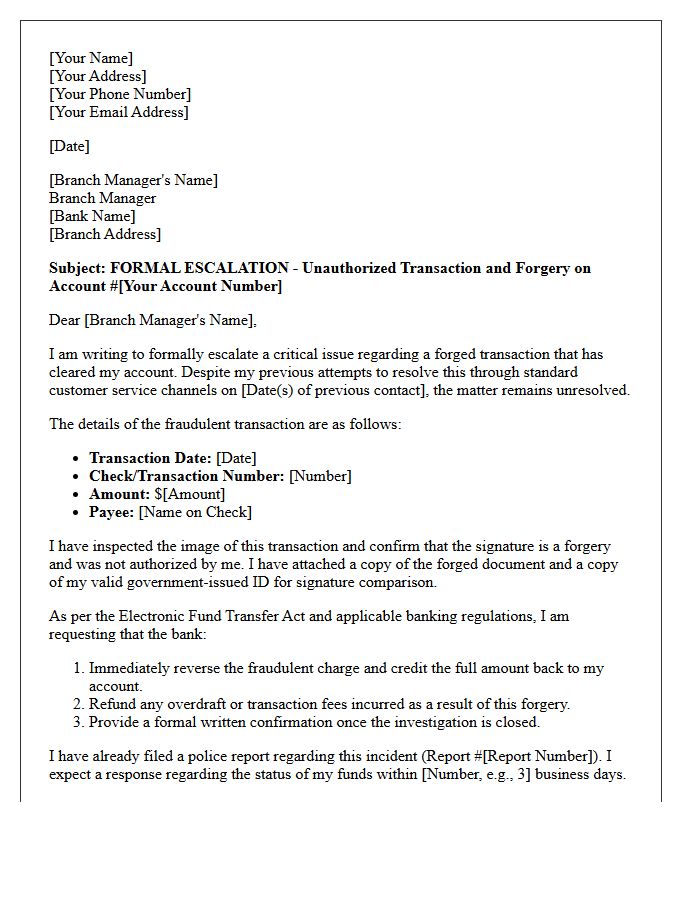 Escalation Letter to Branch Manager Regarding Cleared Forgery