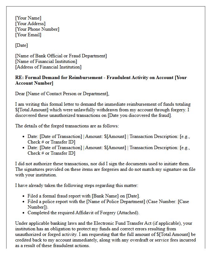 Formal Demand Letter for Reimbursement of Forged Funds