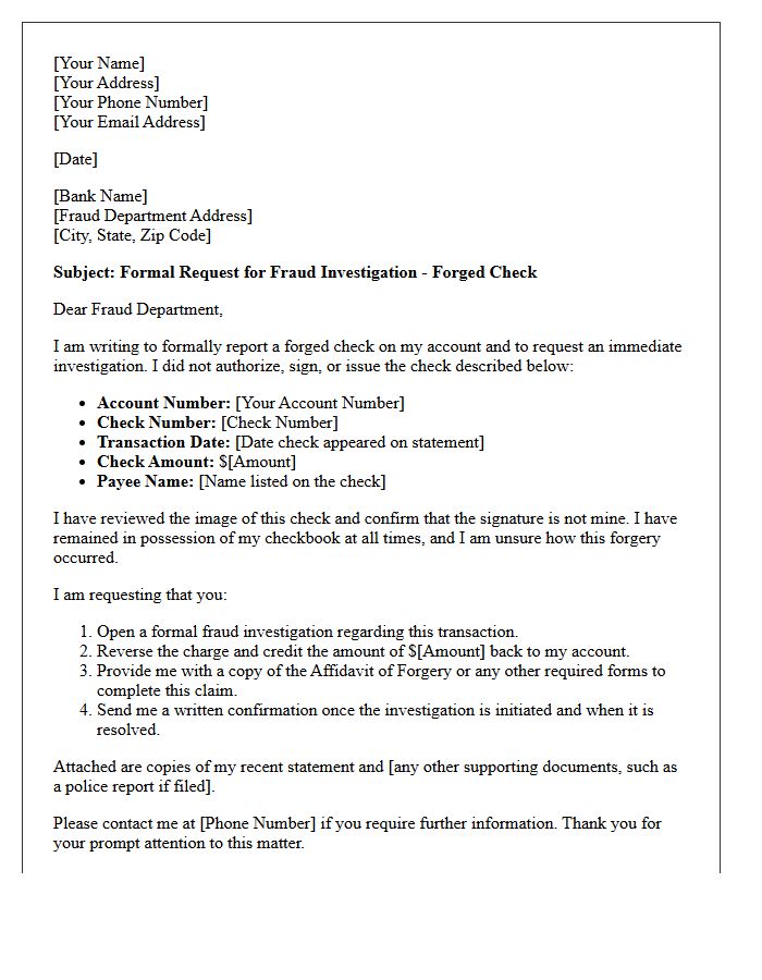 Fraud Investigation Request Letter for Forged Check