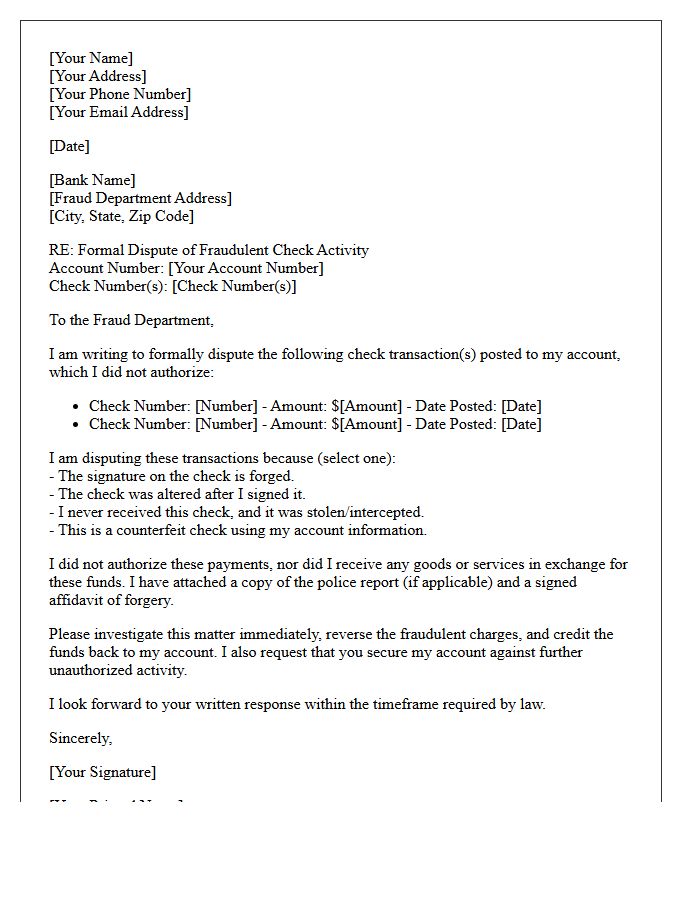 Fraudulent Check Dispute Letter to Banking Institution