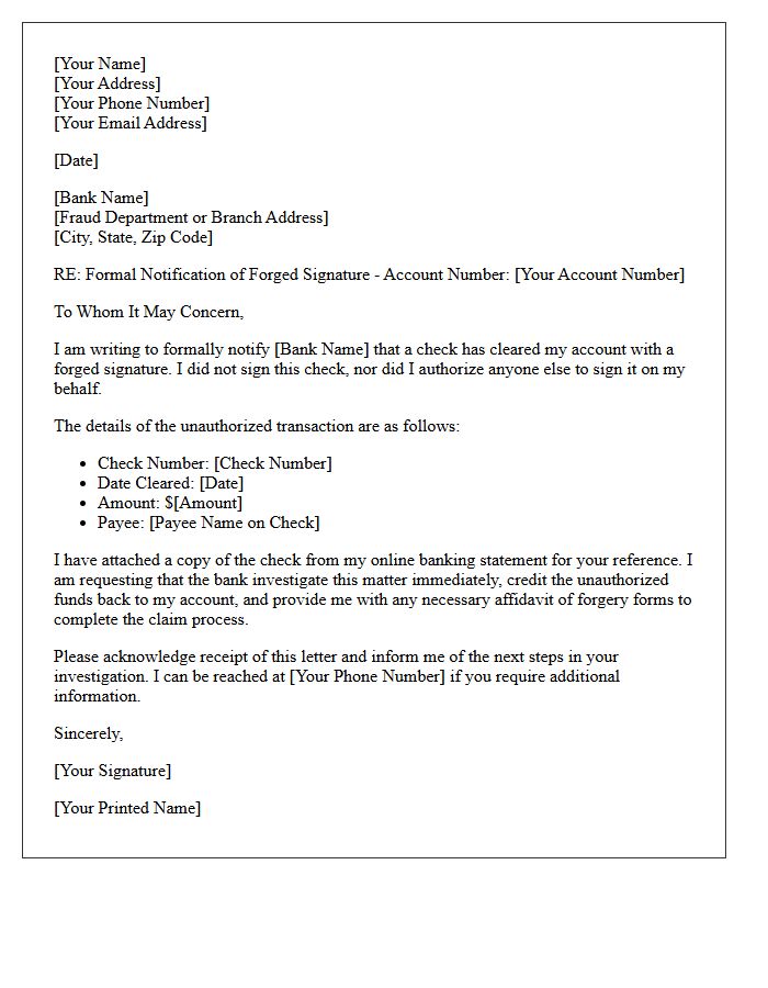 Initial Notification Letter Regarding Forged Signature on Cleared Check