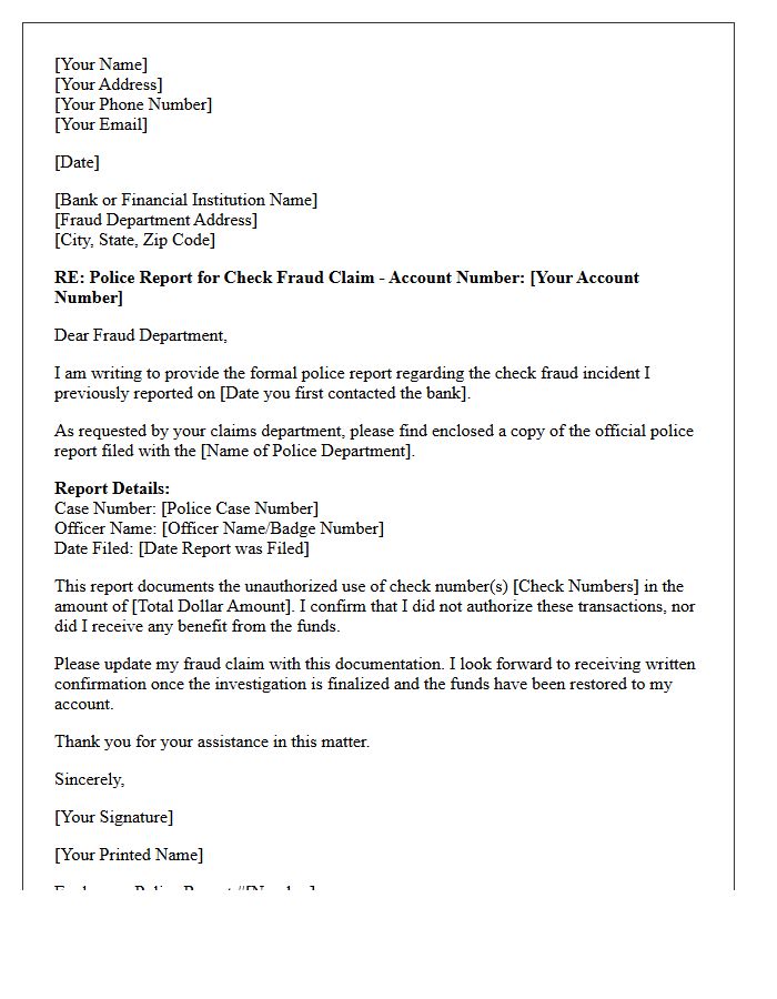Police Report Enclosure Letter for Check Fraud