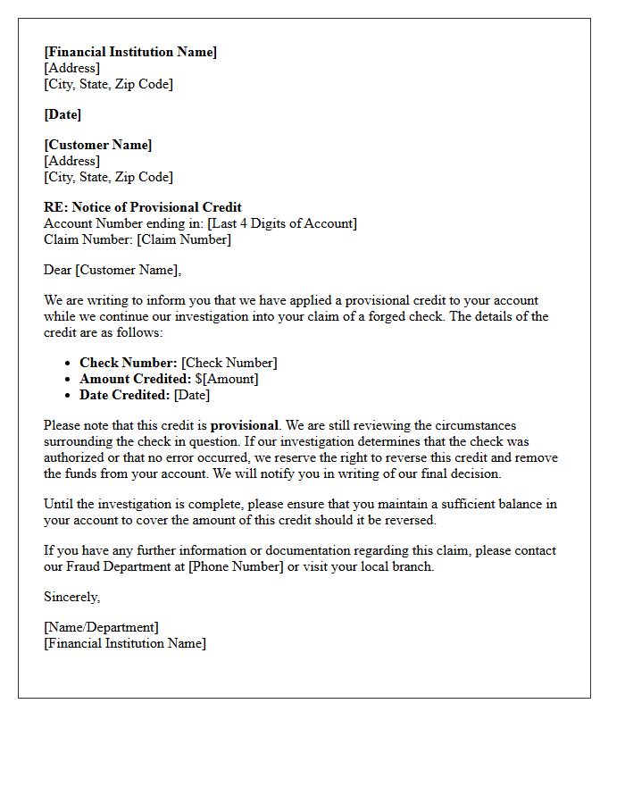 Provisional Credit Notification Letter for Forged Check