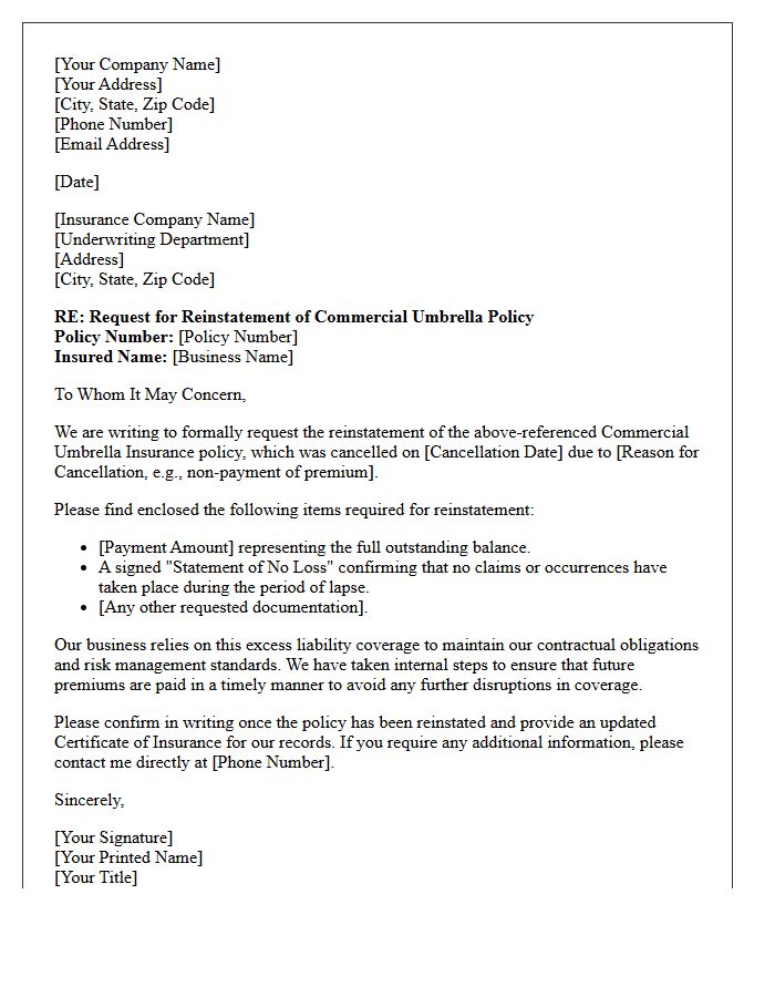 Commercial Umbrella Policy Reinstatement Letter
