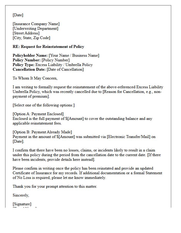 Excess Liability Umbrella Policy Reinstatement Letter