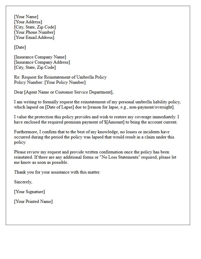 Lapsed Umbrella Policy Reinstatement Letter
