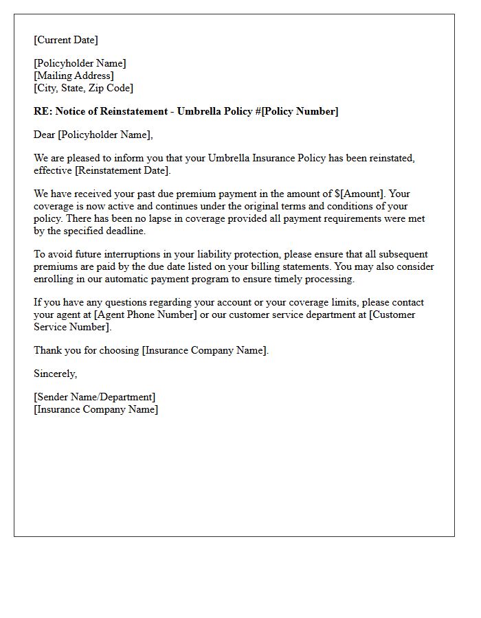 Past Due Premium Umbrella Reinstatement Letter