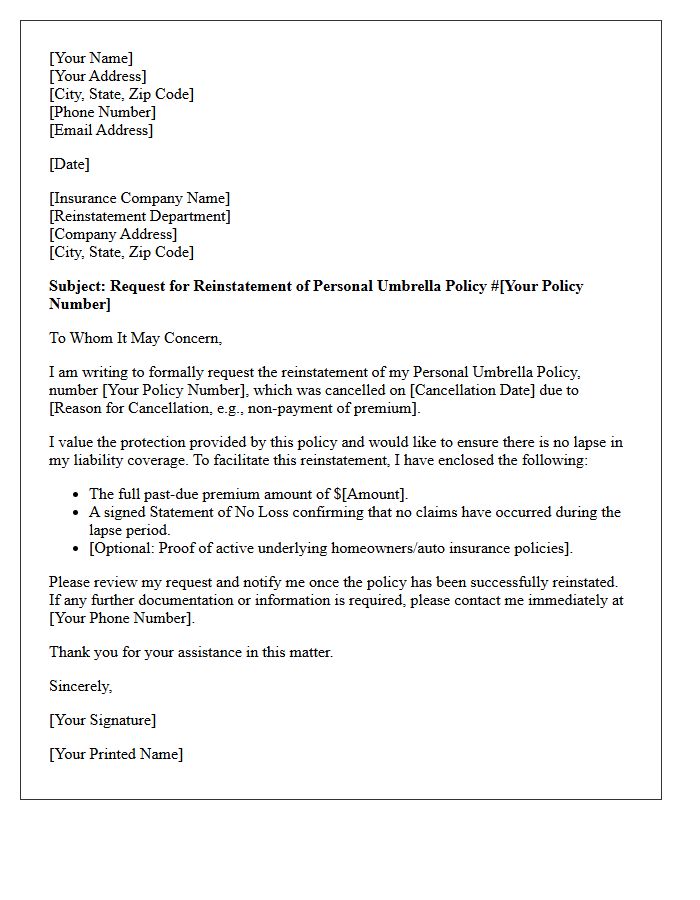Personal Umbrella Policy Reinstatement Letter