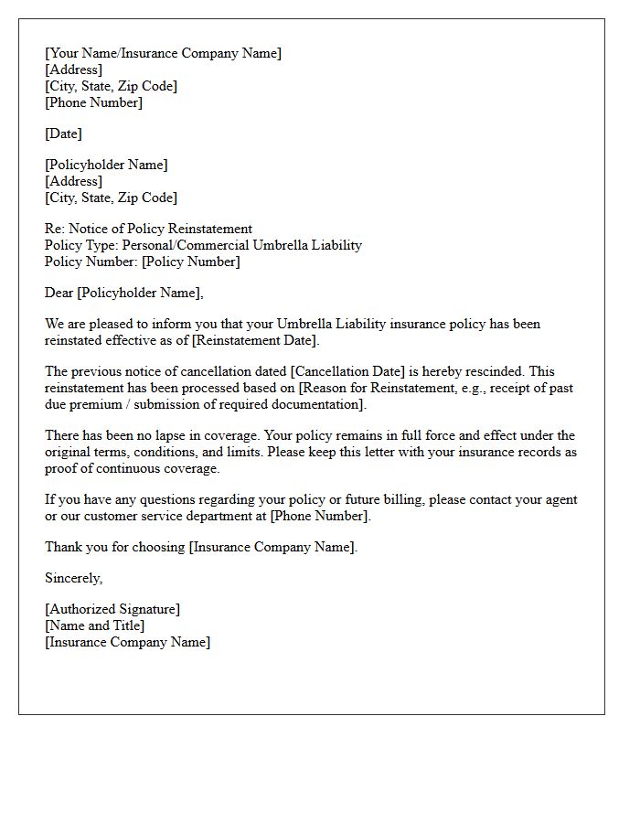 Standard Umbrella Policy Reinstatement Letter