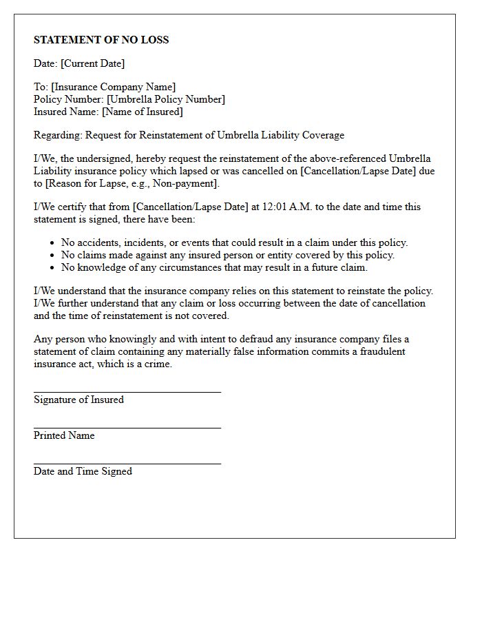 Statement of No Loss Umbrella Reinstatement Letter