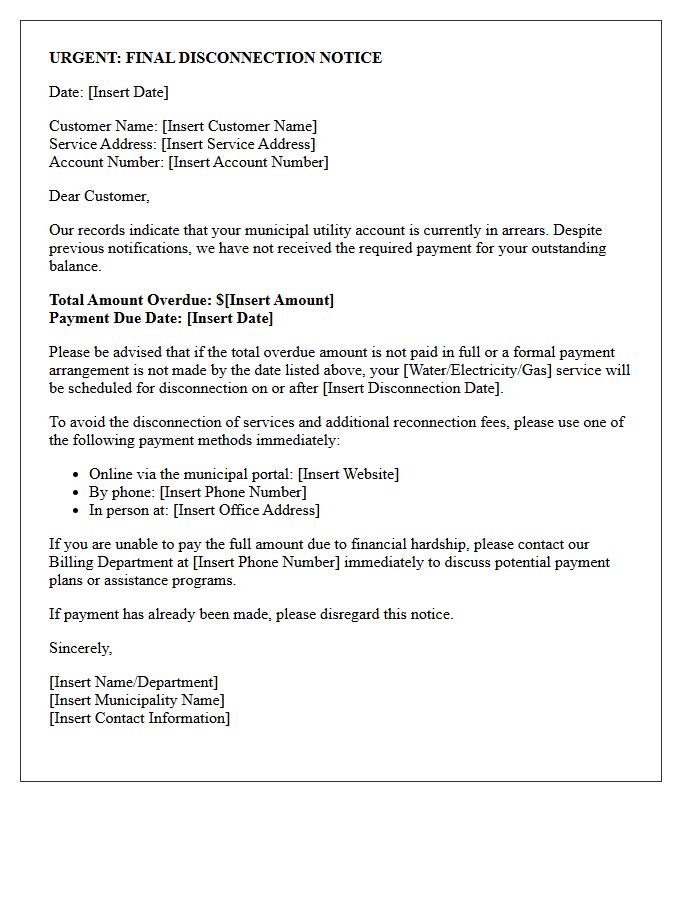 Municipal Utility Arrears And Disconnection Notice Letter