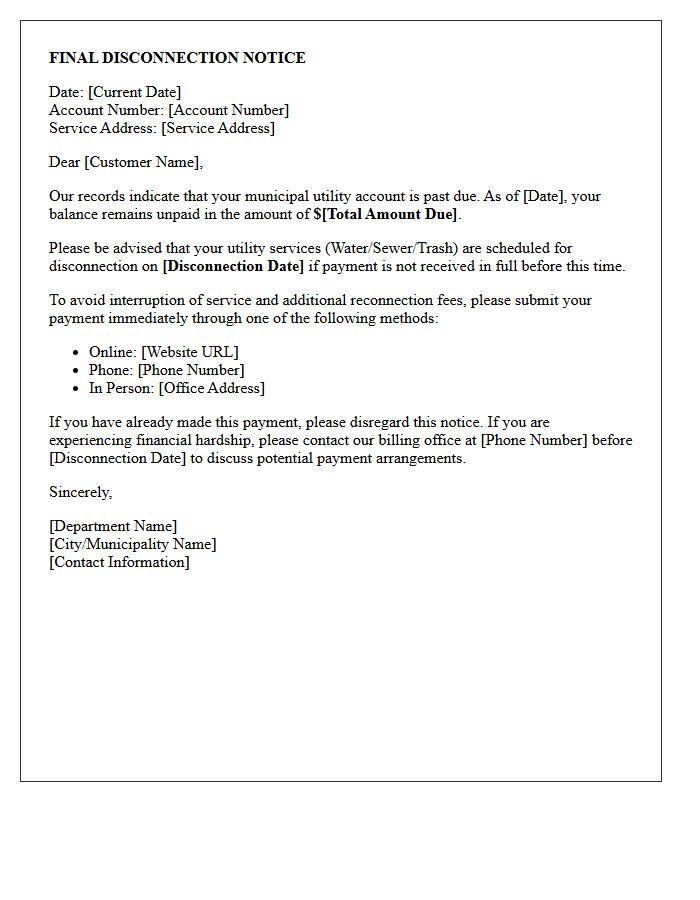Municipal Utility Bill Past Due Disconnection Letter